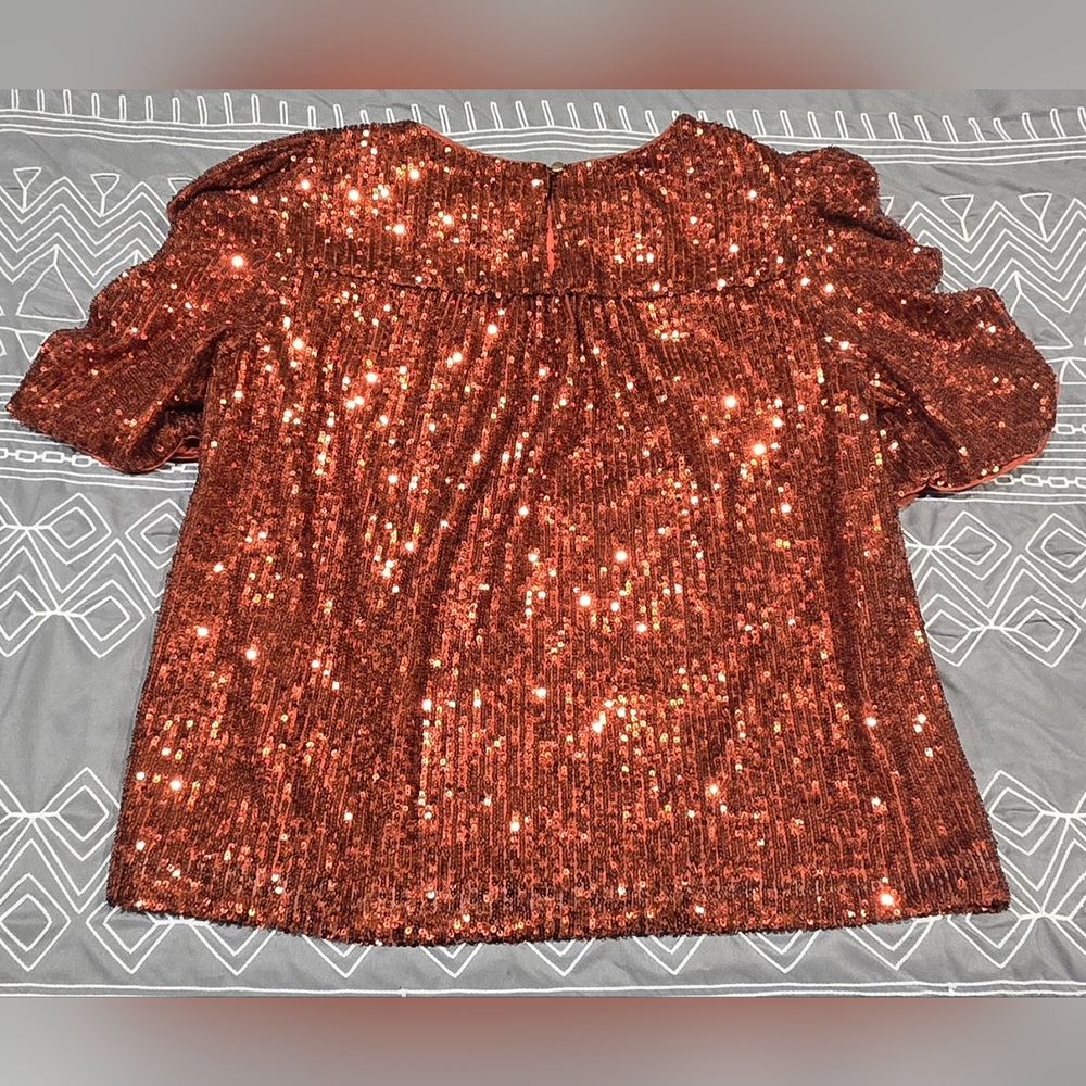 Anthropologie Burnt Orange Sequin Blouse With Puff Sleeves Size 2 - Picture 6 of 8